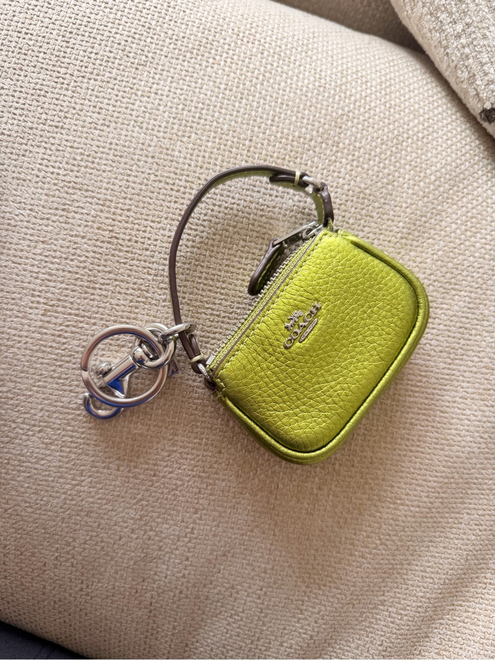 Coach Lime Green Pebbled Leather Key Coin Pouch with Keyring